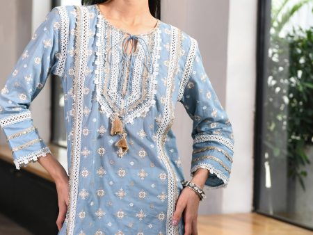 Mulmul Cotton Corey Teal Kurta With Mulmul Cotton Golden Sequins Gota White Pant Hot on Sale