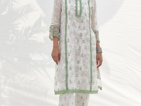 Mulmul Organza Terra Green Kurta With Mulmul Cotton Terra Green Pant For Cheap