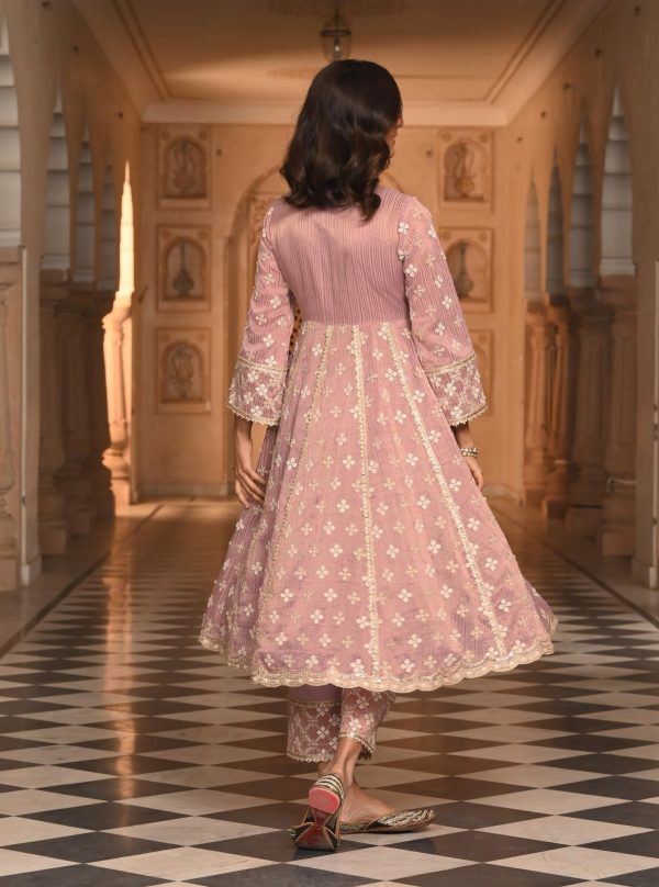 Mulmul Banarsi Bhumbro Lilac Anarkali Kurta with Mulmul Pima Satin Bhumbro Lilac Pant Cheap