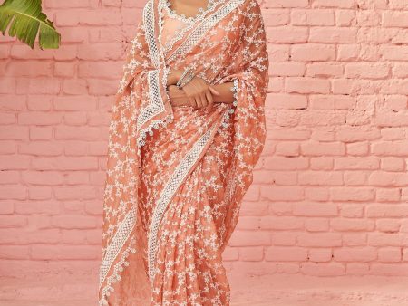 Mulmul Organza Peora Peach Saree on Sale