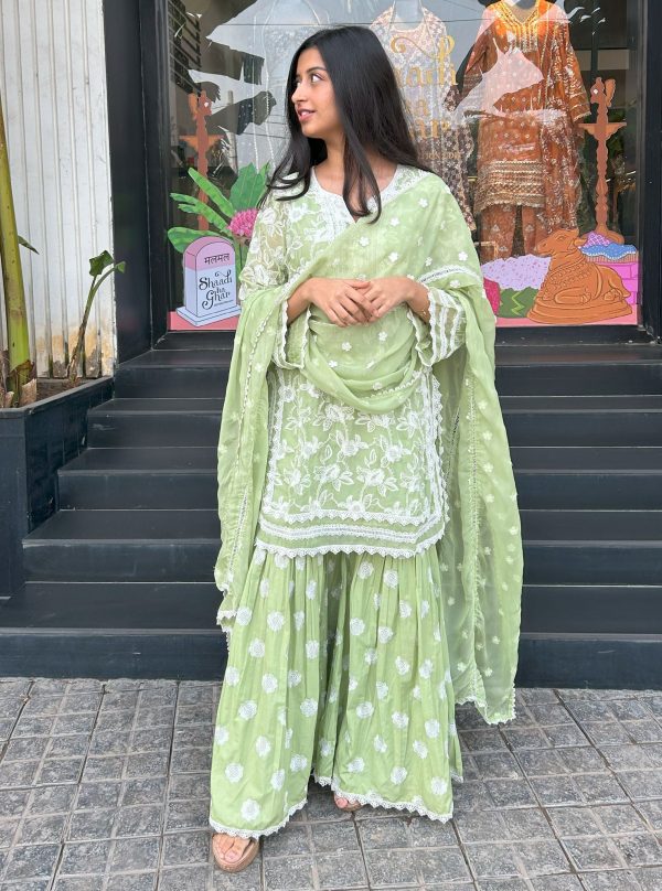 Mulmul Cotton Lyella Green Kurta with Mulmul Cotton Lyella Green Garara Supply