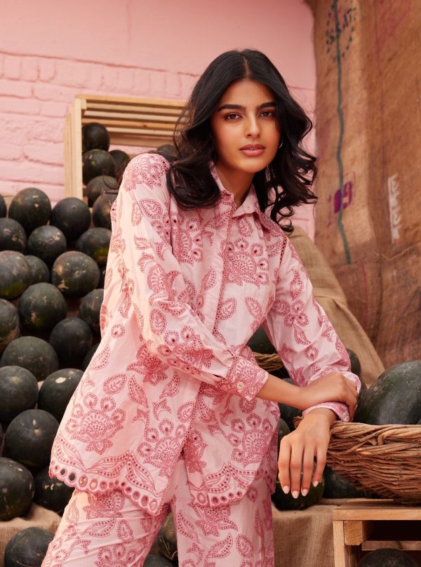 Mulmul Cotton Sasha Light Pink Shirt With Mulmul Cotton Sasha Light Pink Pant on Sale