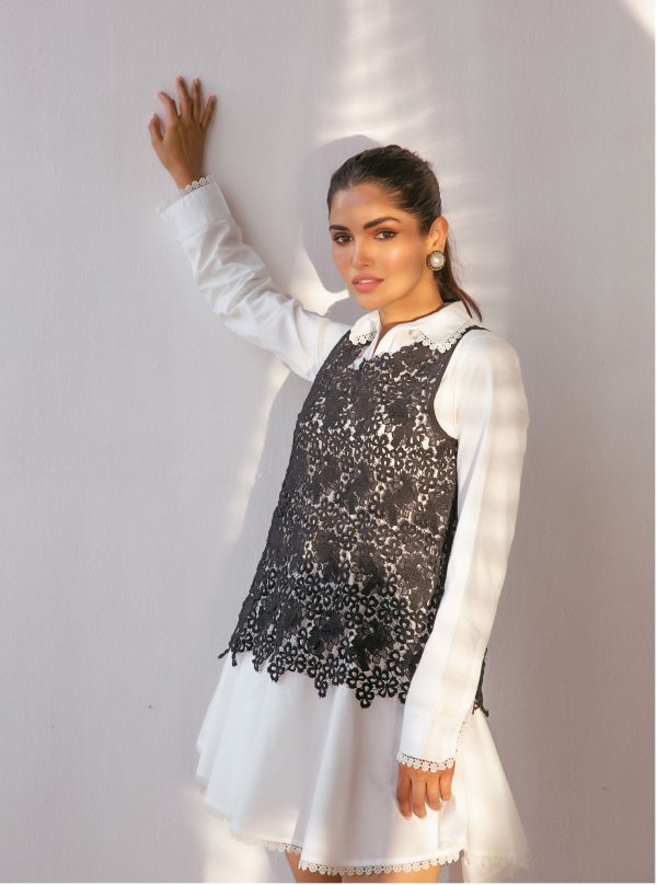 Mulmul Cotton Celina White Dress With Black Guipure Layer Online