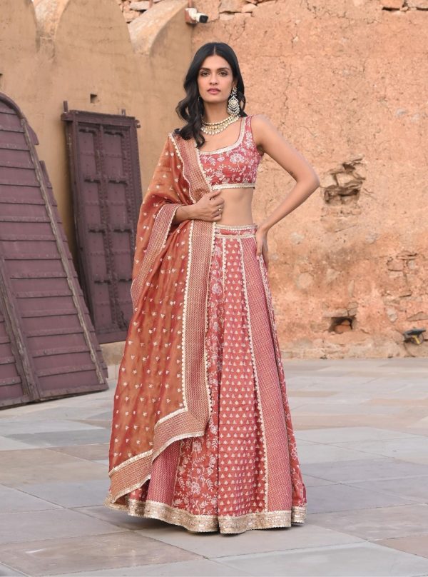 Mulmul Luxe Tissue Satin Deewani Red Lehenga Cheap