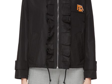 Logo appliqué hooded ruffle trim silk windbreaker jacket - Prada - Black Cheap