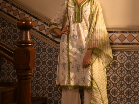 Mulmul Cotton Binita White Printed Kurta With Mulmul Cotton Binita White Pant For Sale