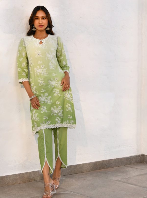 Mulmul Cotton Savri Green Kurta With Mulmul Cotton Savri Green Dhoti Pant Online now