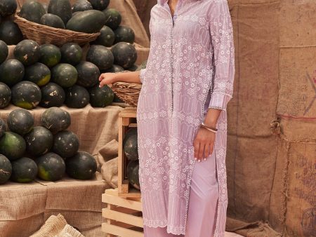 Mulmul Cotton Heli Lilac Long Kurta With Mulmul Cotton Heli Lilac Pant on Sale