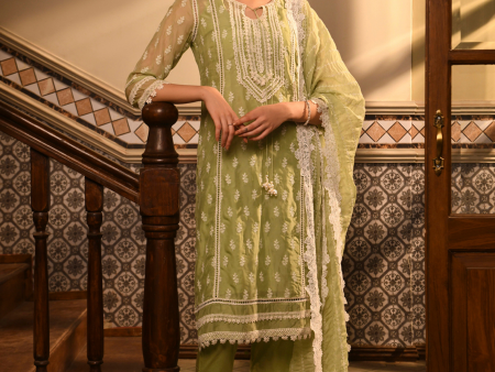 Mulmul Organza Sanaz Green Kurta With Mulmul Cotton Sanaz Green pant Fashion