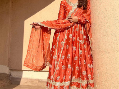 Mulmul Organza Satin Tareefan Burnt Orange Anarkali Kurta with Mulmul Modal Satin Tareefan Burnt Orange Pant For Sale