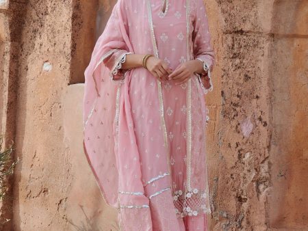 Mulmul Organza Satin Kundmayi Light Pink Kurta with Mulmul Modal Satin Kudmayi Light Pink pallazo For Sale