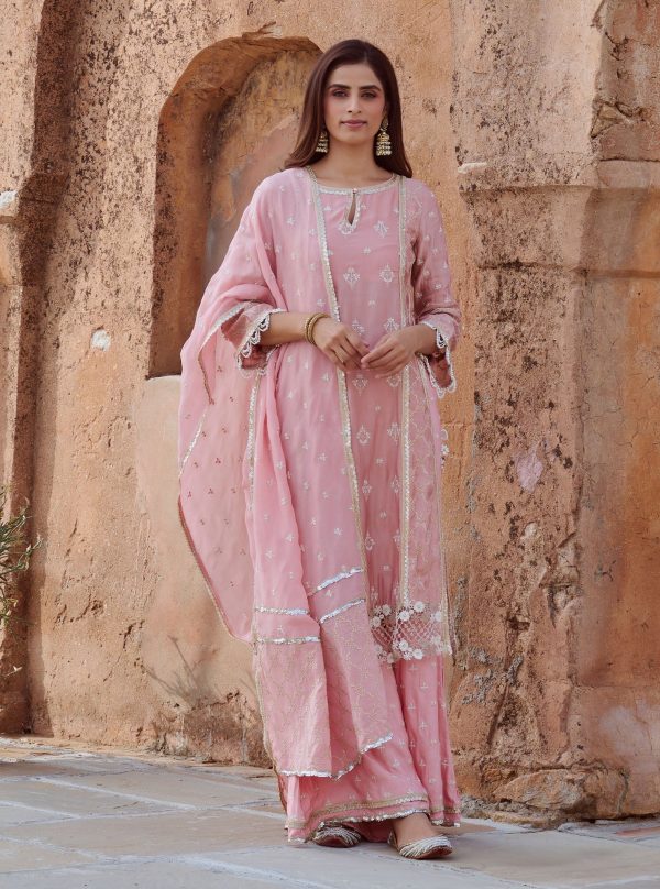 Mulmul Organza Satin Kundmayi Light Pink Kurta with Mulmul Modal Satin Kudmayi Light Pink pallazo For Sale