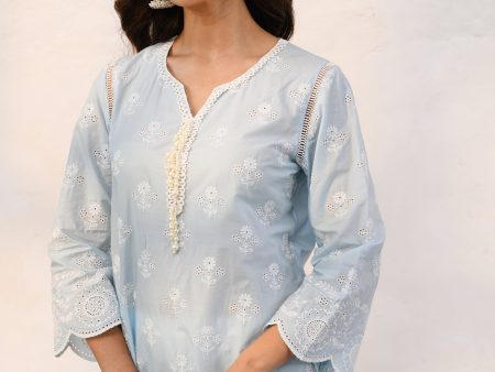 Mulmul Cotton Arpora Blue Kurta With Mulmul Cotton Arpora White Pant on Sale