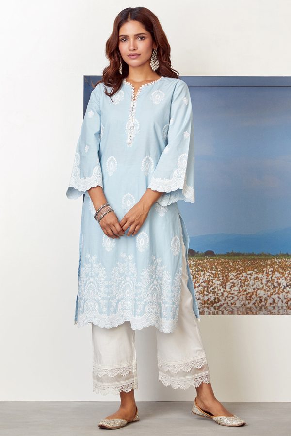 Mulmul Cotton Dreamscape Light Blue Kurta Online Hot Sale