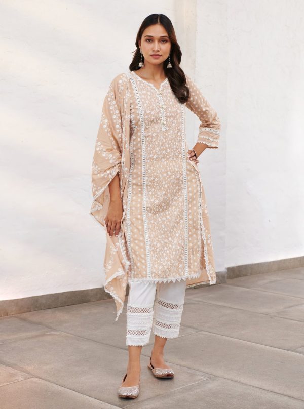 Mulmul Cotton Moira Beige Kurta With Mulmul Cotton Floral Ladder Slim White Pant on Sale