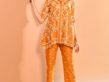 Mulmul Cotton Prue Orange Shirt With Mulmul Cotton Prue Orange Pant For Cheap