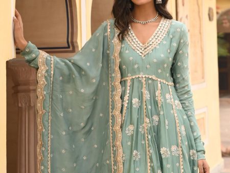 Mulmul Organza Satin Tareefan Teal Blue Anarkali Kurta with Mulmul Modal Satin Tareefan Teal Blue Pant Online Sale