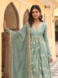 Mulmul Organza Satin Tareefan Teal Blue Anarkali Kurta with Mulmul Modal Satin Tareefan Teal Blue Pant Online Sale