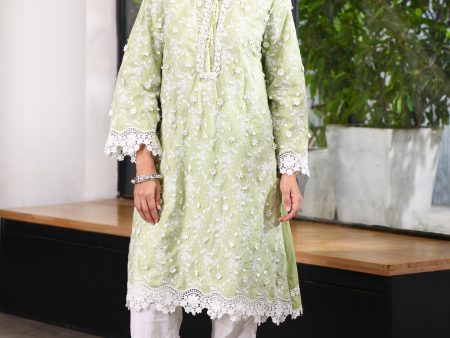 Mulmul Cotton BayBreeze Green Kurta With Rounded Hem Pyajama White For Sale