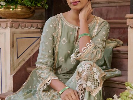 Mulmul Organza Satin Kundmayi Sage Green Kurta with Mulmul Modal Satin Kudmayi Sage Green pallazo Fashion