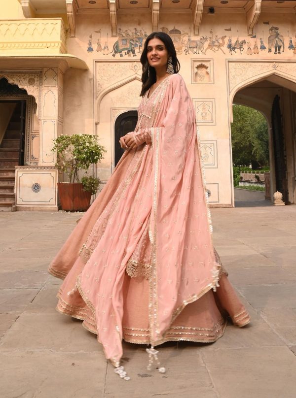 Mulmul Organza Satin Jhoom Light Pink Anarkali Kurta with Mulmul Luxe Tissue Satin Jhoom Light Pink Lehenga Supply