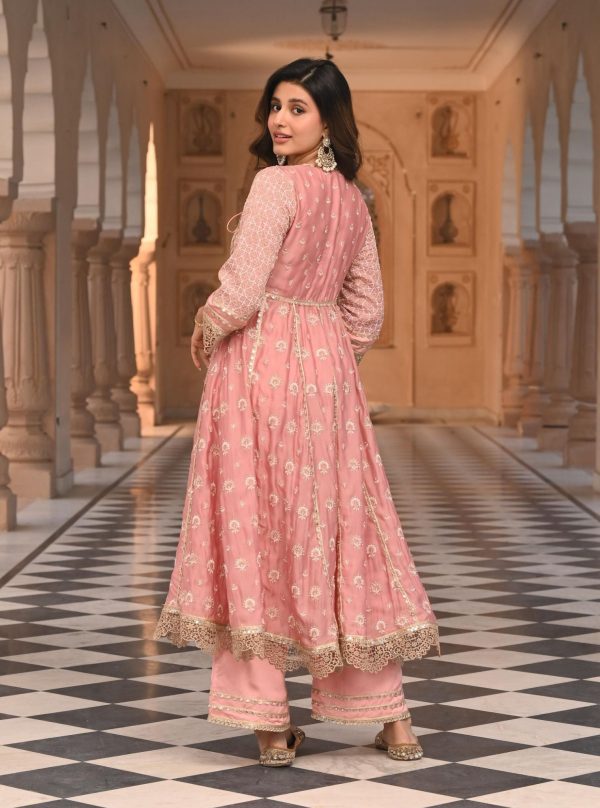 Mulmul Organza Satin Navrai Light Pink Anarkali Kurta with Mulmul Luxe Satin Navrai Light Pink Pant For Cheap