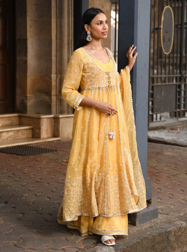 Mulmul Organza Sheri Yellow Anarkali Kurta With Mulmul Organza Sheri Yellow Sharara Online