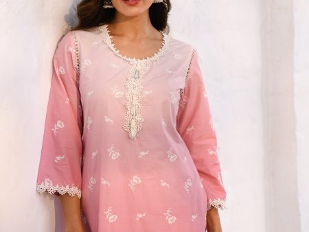 Mulmul Cotton Mandre Pink Kurta With Mulmul Cotton Mandre Pink Pant Online now