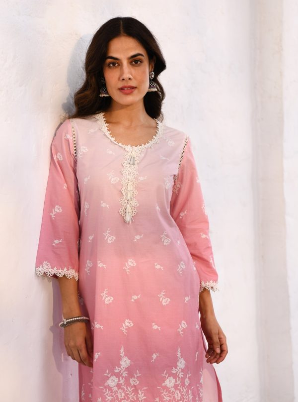 Mulmul Cotton Mandre Pink Kurta With Mulmul Cotton Mandre Pink Pant Online now