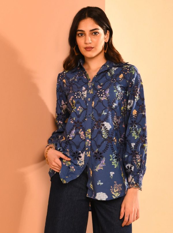 Mulmul Cotton Jem Printed Navy Shirt Online Sale